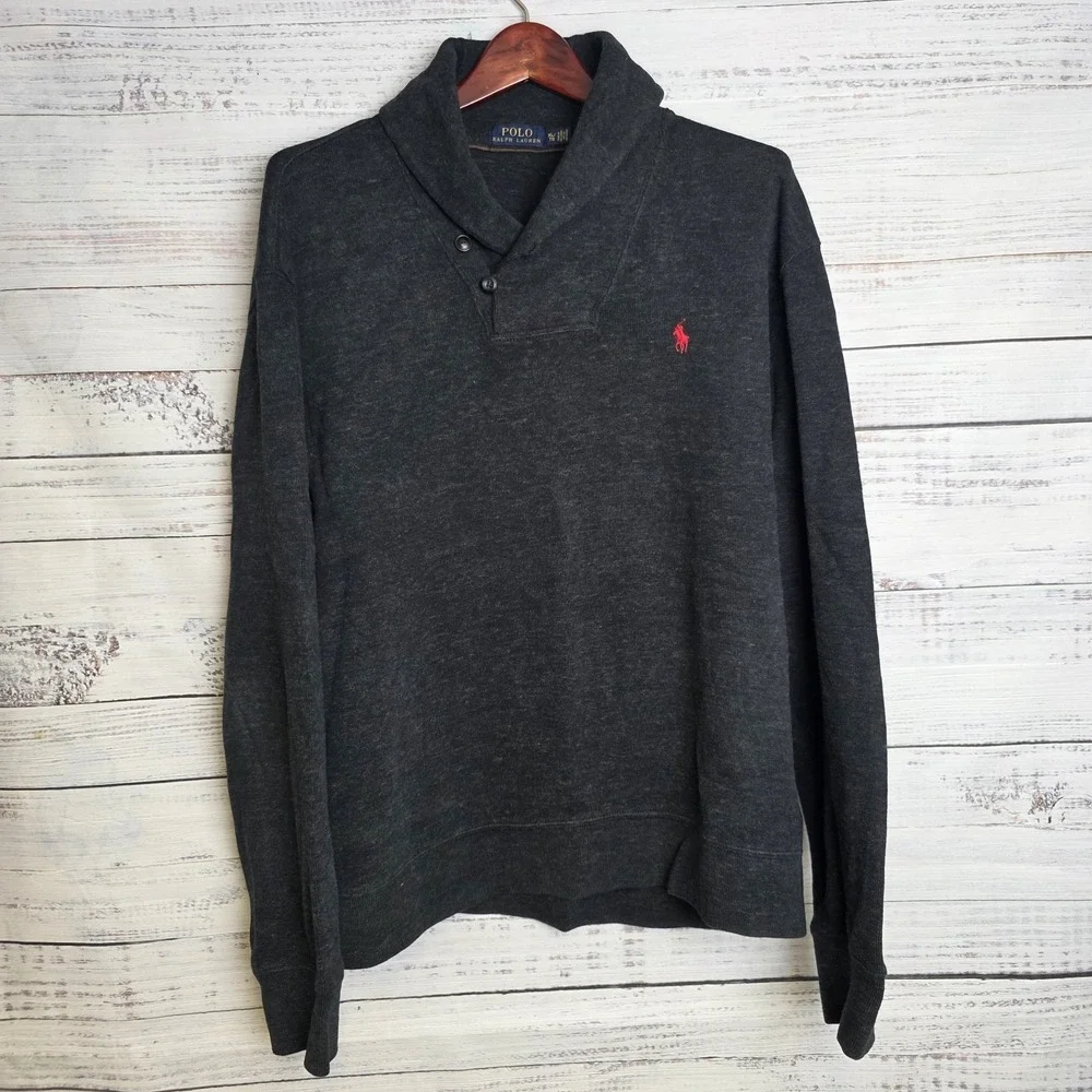 Polo Ralph Lauren Dark Gray Shawl Collar Pullover Sweater Mens‎ XL 100% Cotton